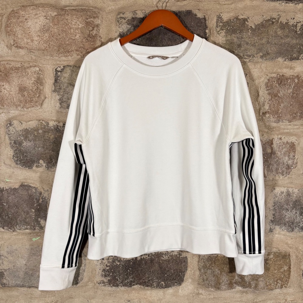 Athleta 24/7 White Crew Neck Sweatshirt Side Stripes Athleisure Woman's Medium‎